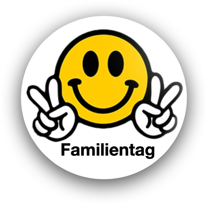 Wei&szlig;er runder Button mit einem kleinen gelben freundlichen smiley mit Text Familientag. Der Link &ouml;ffnet ein pop up Fenster mit witeren Informationen zum Familientag